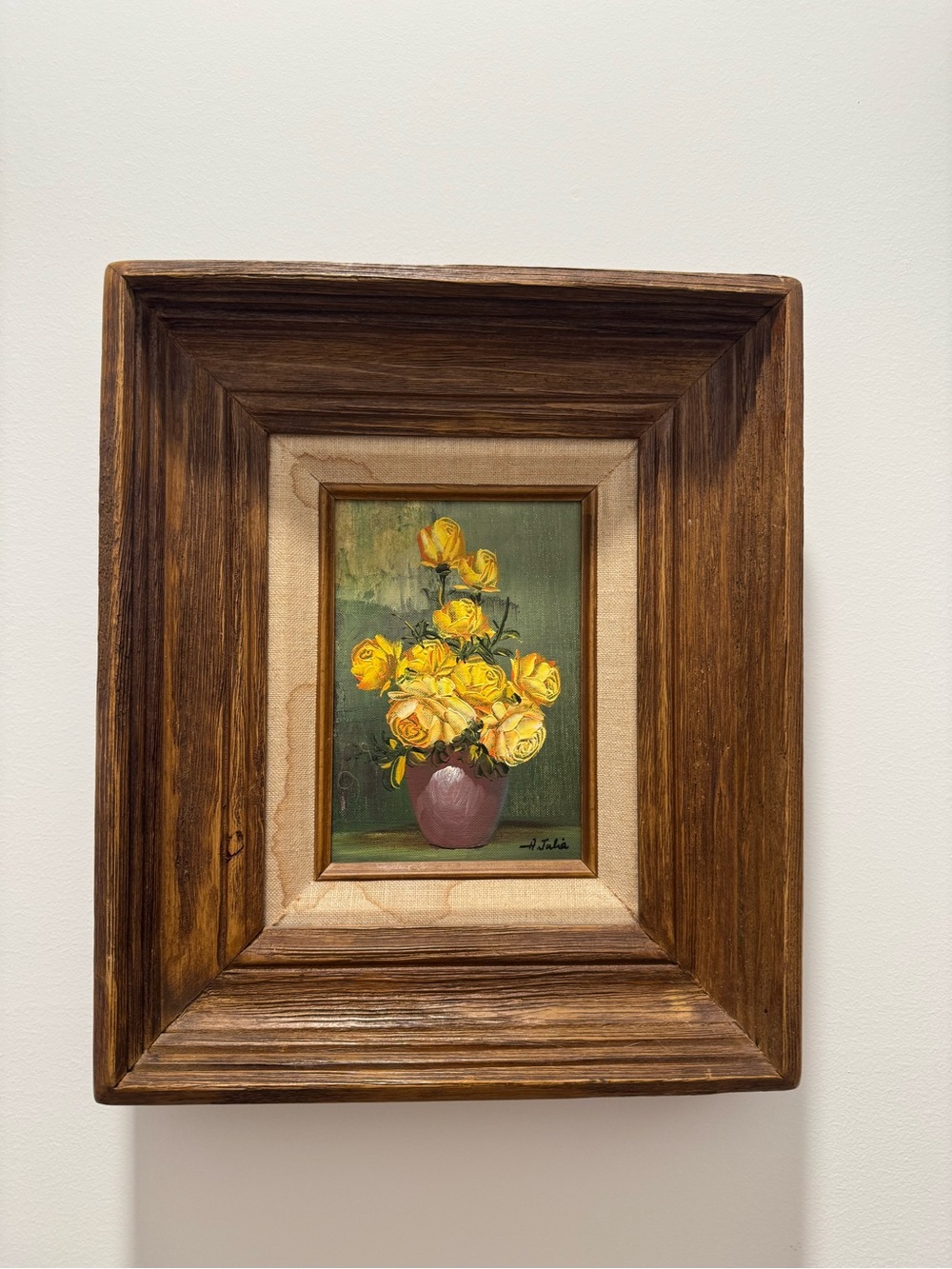 Vtg Original Still Life Oil Painting yellow Roses Flowers vase signed Ann Julia